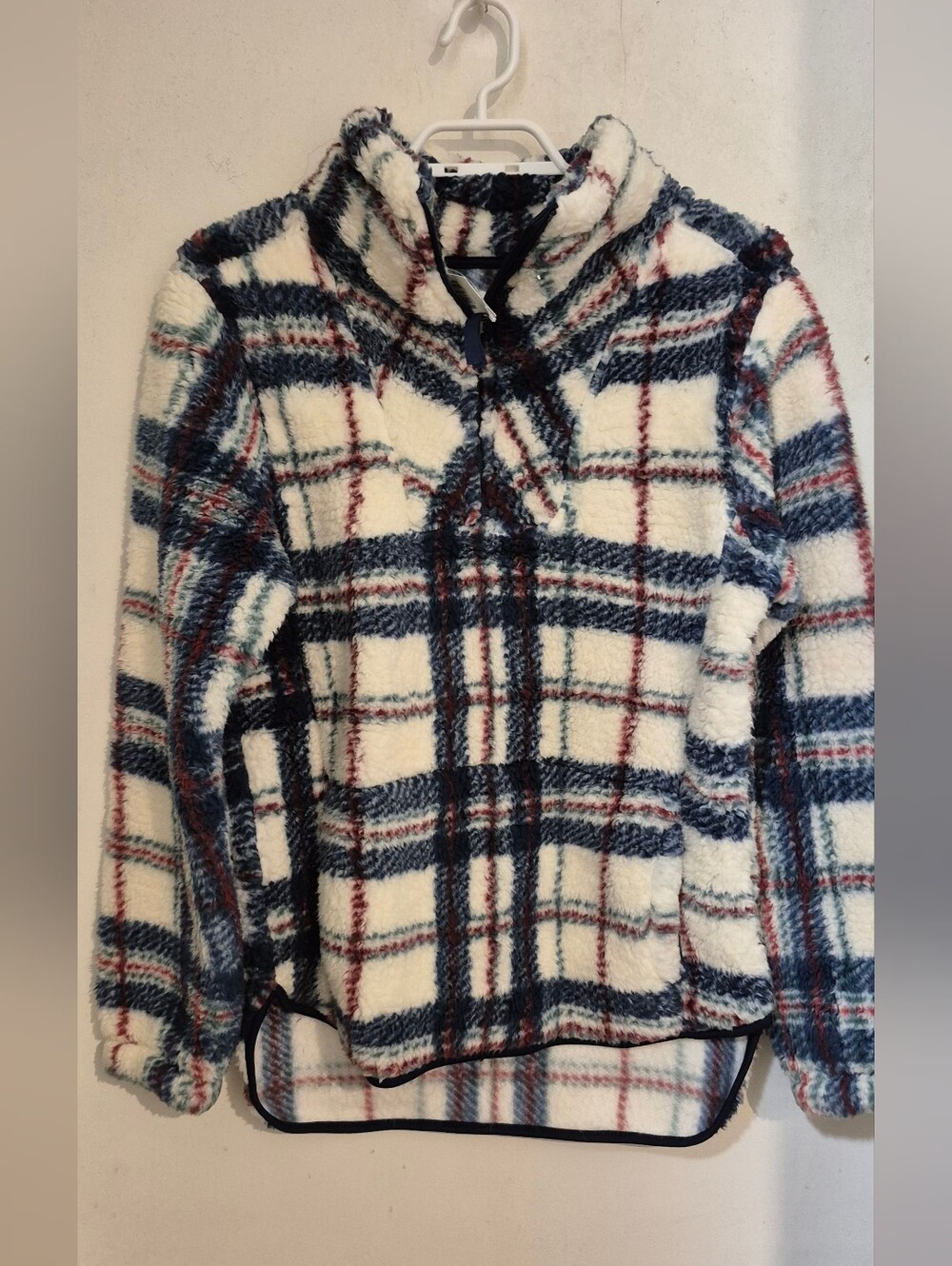 Cozy Plaid Sherpa Pullover Sweater - Cream & Navy Sz.S NWT Mia & Tess